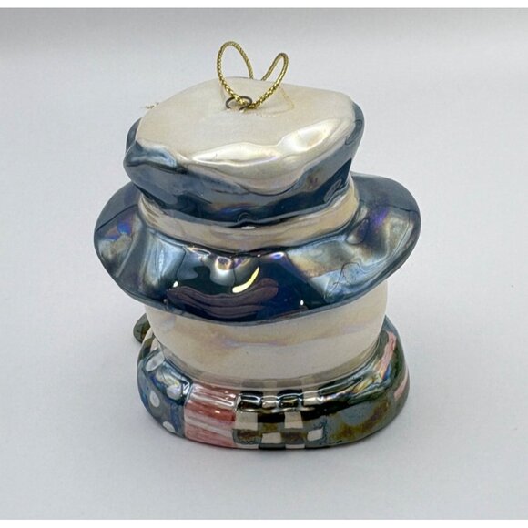 Vintage Ceramic Snowman Head Christmas Tree Ornament Iridescent Finish Blue Hat - Picture 2 of 8